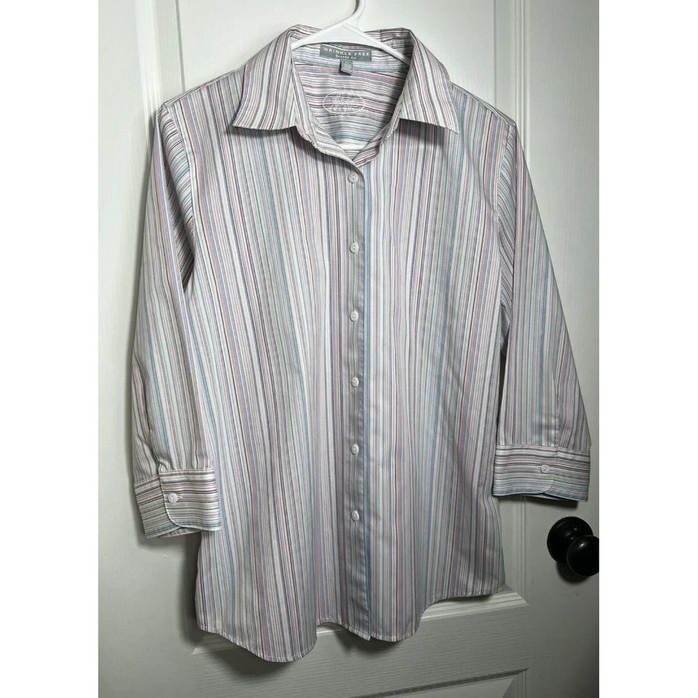 Foxcroft White W/ Mixed Stripe Womens Size 10 Wrinkle Free Shaped Fit 3/4 Sleeve